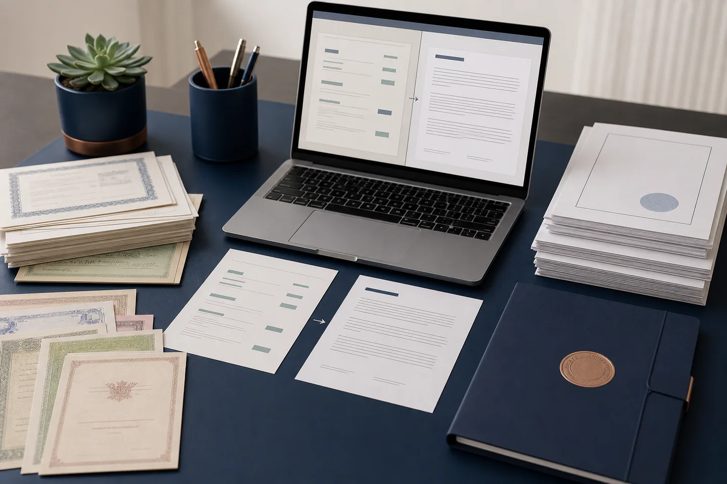 Fictional source and translated documents arranged in a professional workflow.